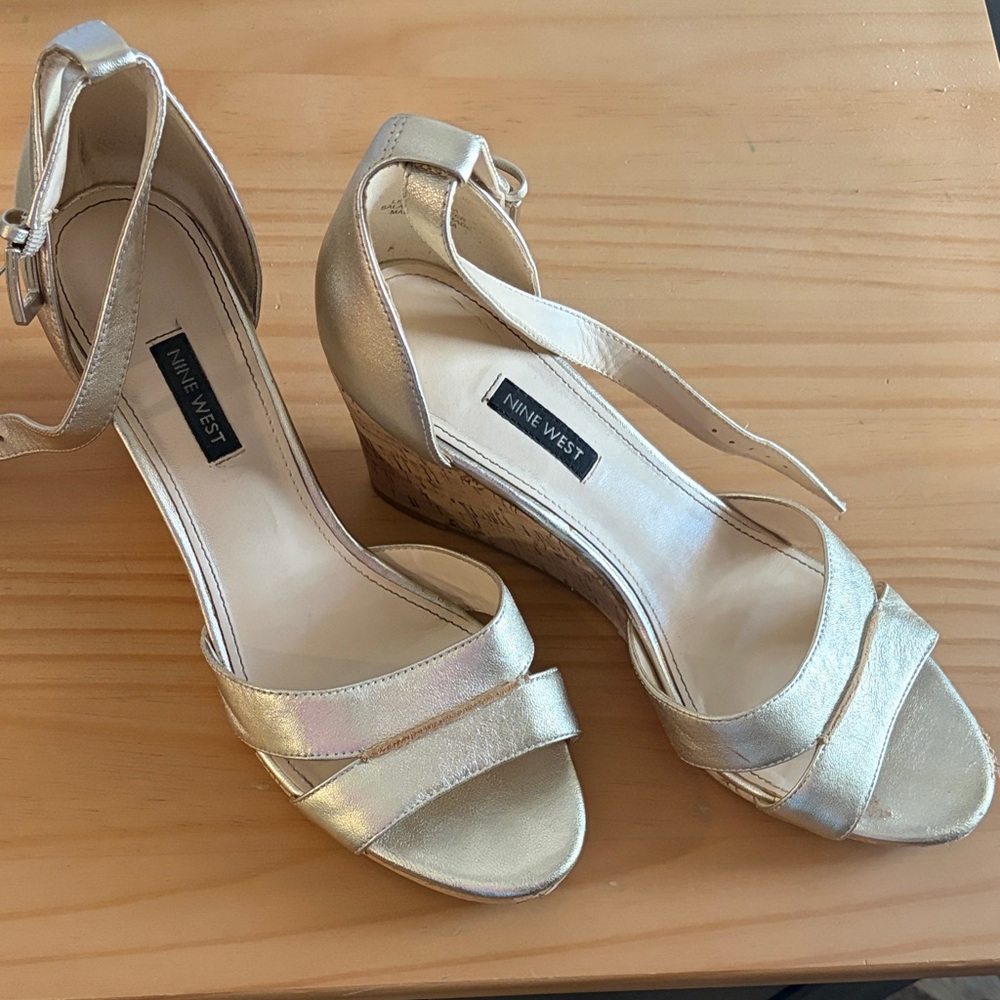 Nine West Metallic Gold Ankle-Strap Wedge Sandals